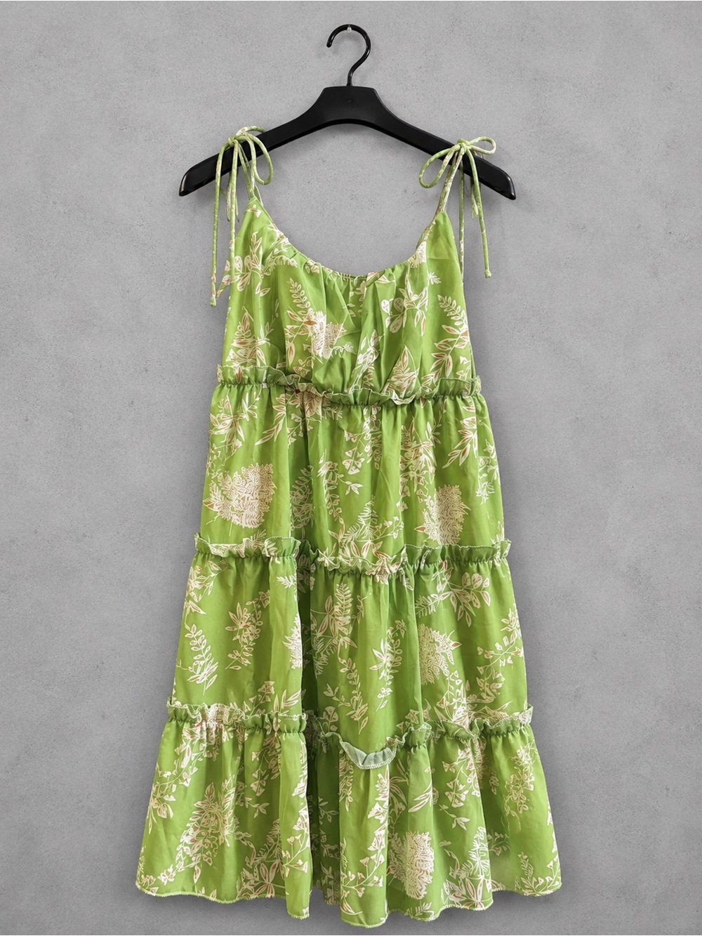 MANSY NWT Green Floral Tiered Mini Dress Tie Shoulder 100% Cotton Size S